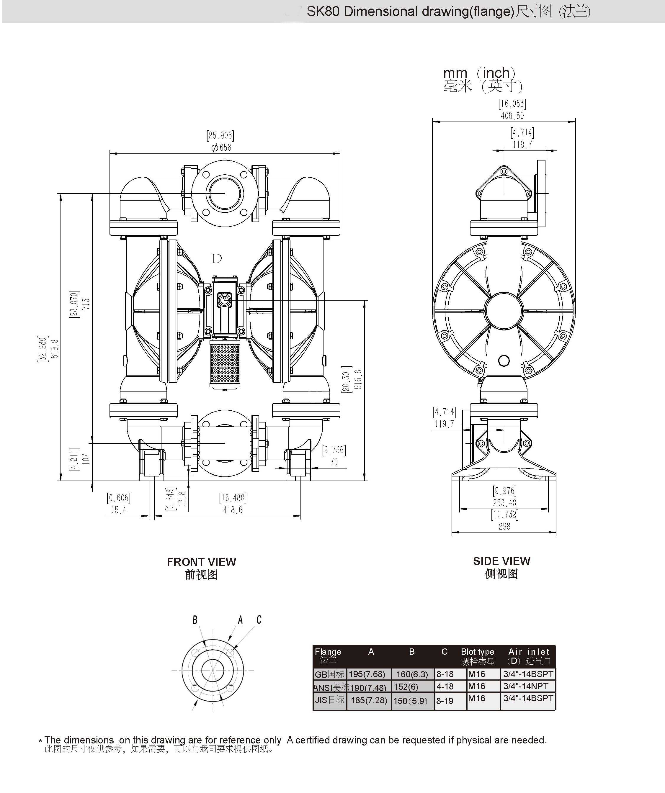 sk80气动隔膜泵法兰泵尺寸图